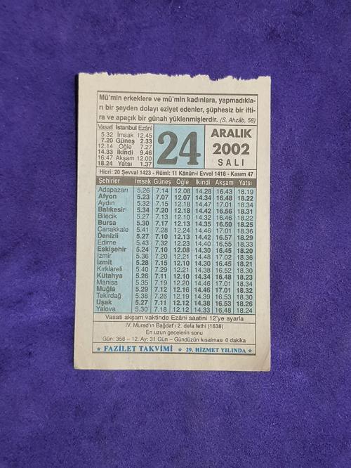 24 Aralık 2002 Takvim Yaprağı - Nostalji Koleksiyonluk Takvim Yaprağı