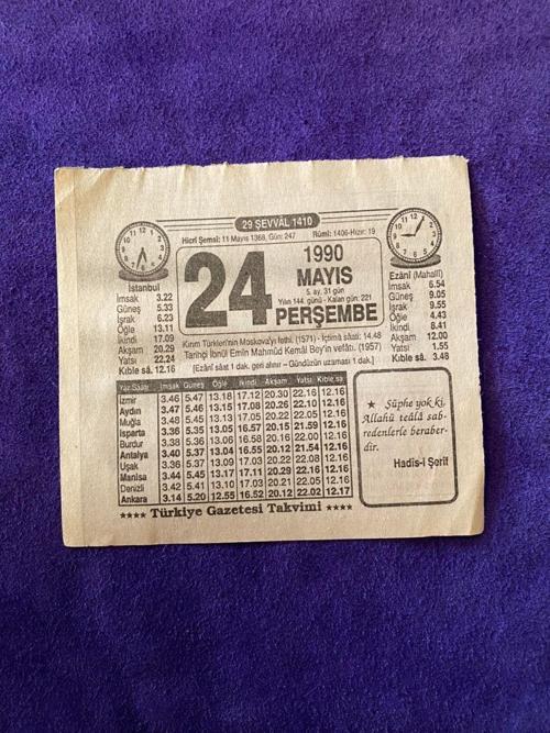 24 Mayıs 1990 Takvim Yaprağı - Nostalji Koleksiyonluk Takvim Yaprağı