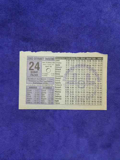 24 Şubat 2002 Takvim Yaprağı - Nostaljik Koleksiyonluk Takvim Yaprağı