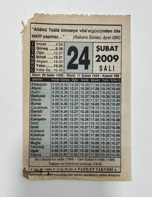 24 Şubat 2009 Takvim Yaprağı - Nostaljik Koleksiyonluk Takvim Yaprağı