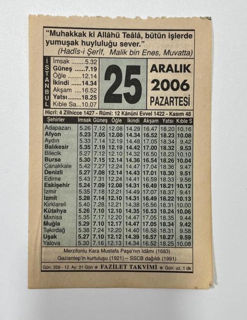 25 Aralık 2006 Takvim Yaprağı - Nostaljik Koleksiyonluk Takvim Yaprağı