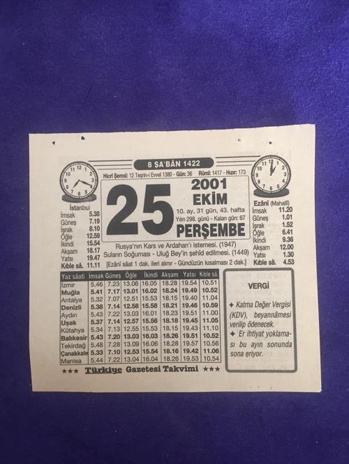 25 Ekim 2001 Takvim Yaprağı - Nostalji Koleksiyonluk Takvim Yaprağı B