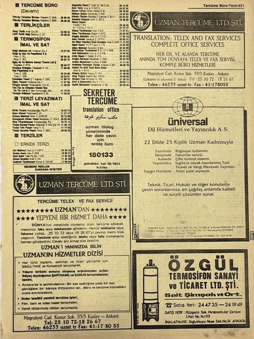 Ankara 1986 Meslek Reklam İlanı Efemera S431