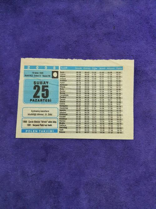 25 Şubat 2008 Takvim Yaprağı - Nostaljik Koleksiyonluk Takvim Yaprağı