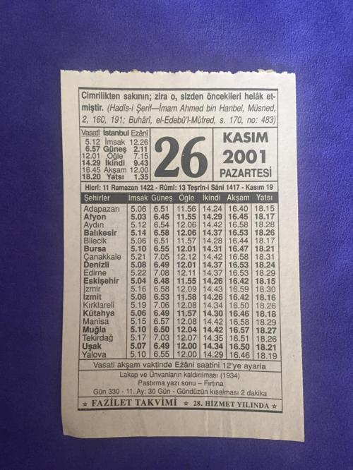 26 Kasım 2001 Takvim Yaprağı - Nostalji Koleksiyonluk Takvim Yaprağı