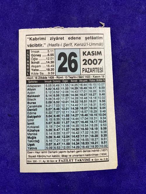 26 Kasım 2007 Takvim Yaprağı - Nostalji Koleksiyonluk Takvim Yaprağı
