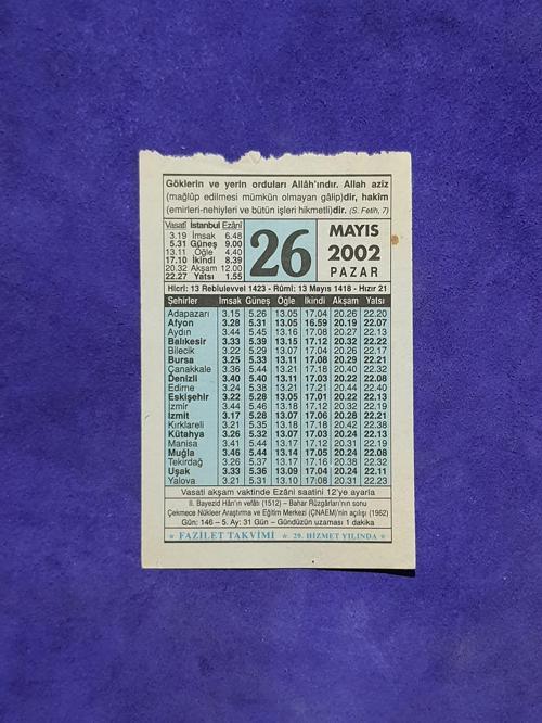 26 Mayıs 2002 Takvim Yaprağı - Nostalji Koleksiyonluk Takvim Yaprağı A