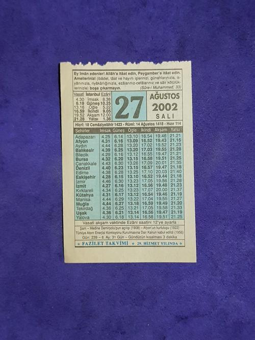 27 Ağustos 2002 Takvim Yaprağı - Nostalji Koleksiyonluk Takvim Yaprağı 