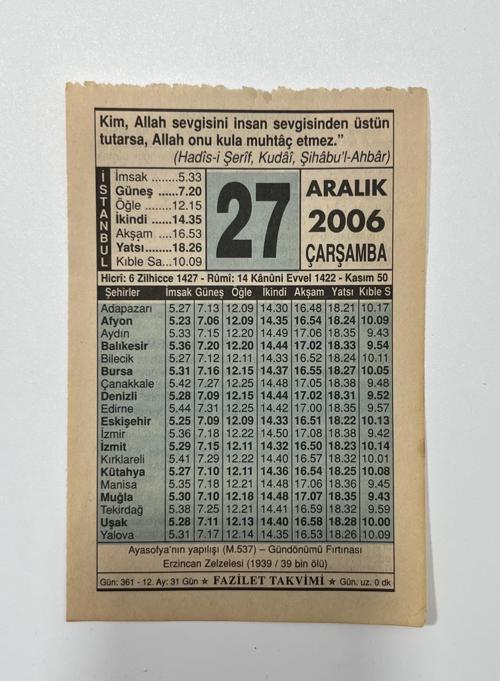 27 Aralık 2006 Takvim Yaprağı - Nostaljik Koleksiyonluk Takvim Yaprağı