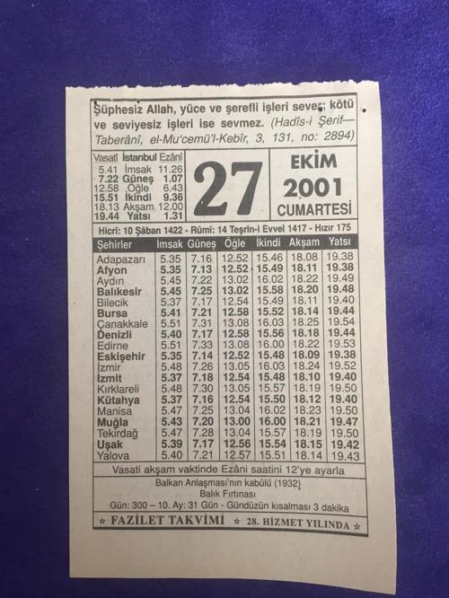 27 Ekim 2001 Takvim Yaprağı - Nostalji Koleksiyonluk Takvim Yaprağı