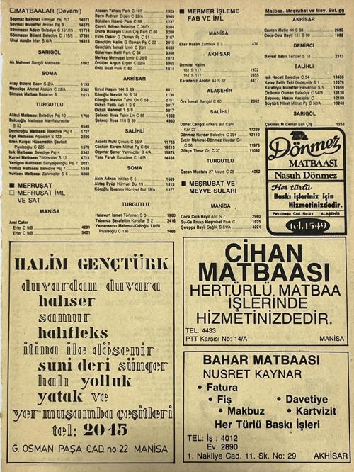 Manisa 1987 Meslek Reklam İlanı Efemera S-69
