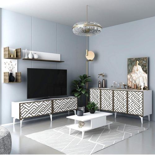 Vita Tv Ünitesi,Konsol Ve Orta Sehpa 3'Lü Salon Takımı Beyaz-(Ceviz Desen)