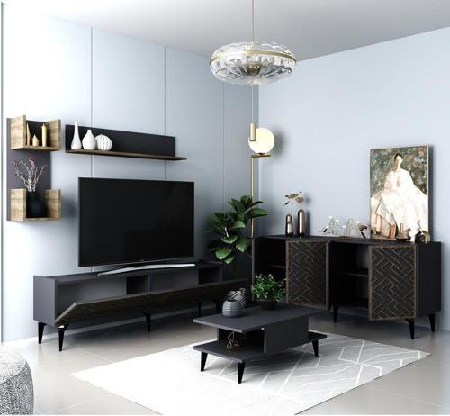 Vita Tv Ünitesi,Konsol Ve Orta Sehpa 3'Lü Salon Takımı Antrasit-(Ceviz Desen)