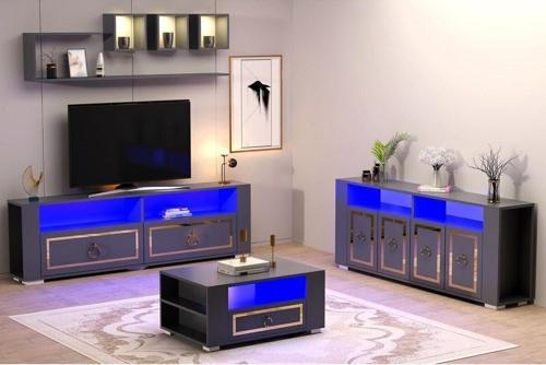 Calvin Led Aydınlatmalı ,Spot Işıklı  Tv Ünitesi, Orta Sehpa Ve Konsol Salon Takımı Antrasit-Altın