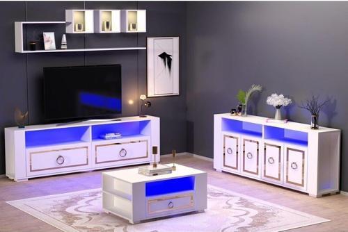 Calvin Led Aydınlatmalı ,Spot Işıklı  Tv Ünitesi, Orta Sehpa Ve Konsol Salon Takımı Beyaz-Altın