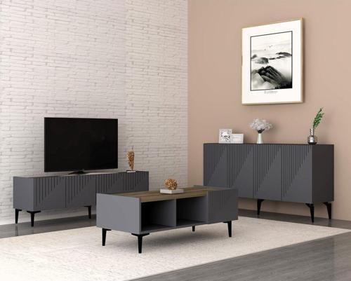 Draw Tv Sehpası , Konsol Ve Orta Sehpa 3'Lü Salon Takımı Antrasit-Ceviz