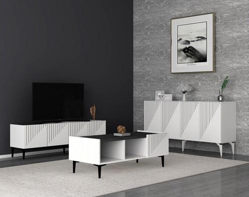 Draw Tv Sehpası , Konsol Ve Orta Sehpa 3'Lü Salon Takımı Beyaz-Royalmermer