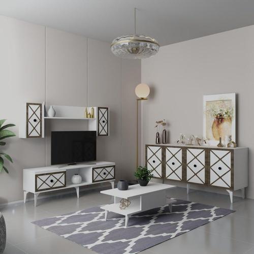 Helen Tv Ünitesi,Konsol Ve Orta Sehpa 3'Lü Salon Takımı Beyaz-Ceviz