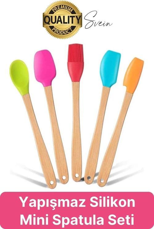 Mini Spatula Kaşık Fırça Setleri Yapışmaz Silikon Tencere Ahşap Saplı Renkli Pişirme Mutfak Araçları