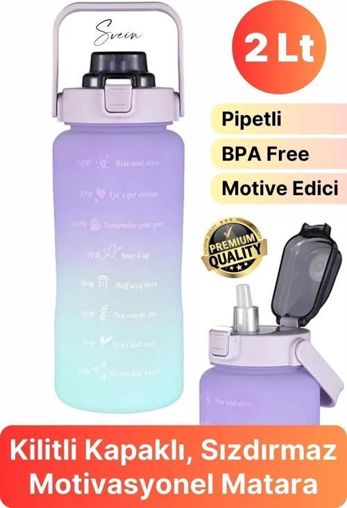 Premium 2 Lt Pipetli Kilitli Sızdırmaz Kapaklı Tutma Saplı Motivasyon Suluk Matara Sporcu Su Şişesi