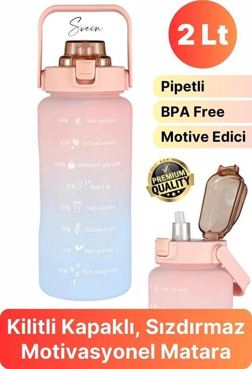Premium 2 Lt Pipetli Kilitli Sızdırmaz Kapaklı Tutma Saplı Motivasyon Suluk Matara Sporcu Su Şişesi