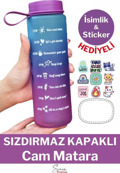 Premium Motivasyon 1. Kalite Sızdırmaz Renkli Yazılı Sporcu Cam Matara Kapaklı Su Şişesi Bpa İçermez