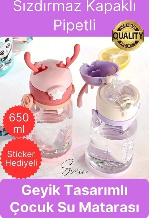 Özel Geyikli Tasarım Pipetli Sızdırmaz Kapaklı Gıdaya Uygun Çocuk Su Matarası Askılı Suluk 650 ml