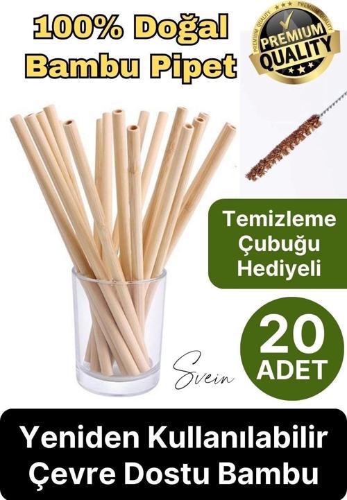 Özel Üretim Bambu 20 Adet Doğal Sağlıklı Yeniden Kullanılabilir Yıkanabilir Çevre Dostu Pipet Kamış