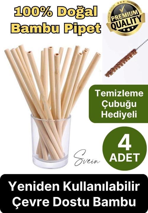 Özel Üretim Bambu 4 Adet Doğal Sağlıklı Yeniden Kullanılabilir Yıkanabilir Çevre Dostu Pipet Kamış