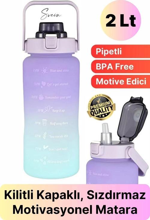 Premium 2 Lt Pipetli Kilitli Sızdırmaz Kapaklı Tutma Saplı Motivasyon Suluk Matara Sporcu Su Şişesi