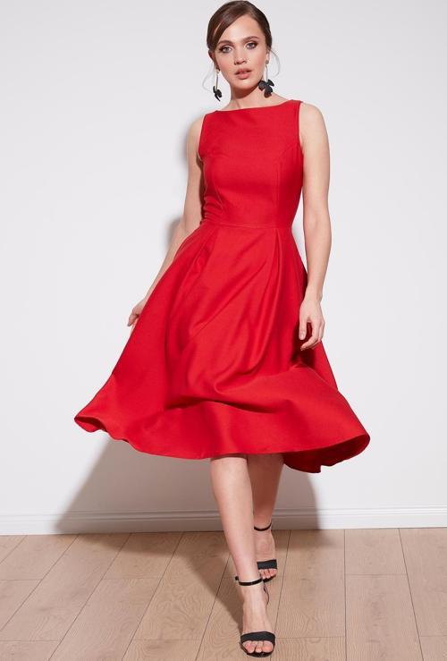 Bisiklet Yaka Regular Fit Cepli Pileli Midi Bayan Elbise 6051963 KIRMIZI