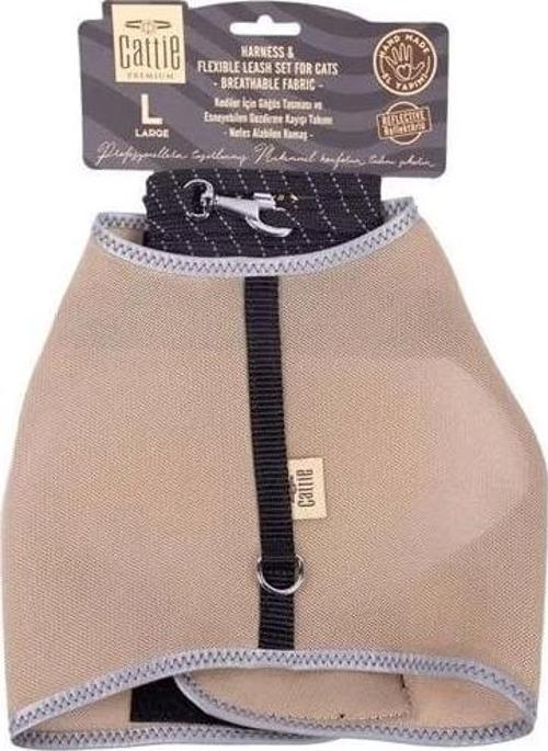 Havalı Dokuma Kedi Göğüs ve Gezdirme Takımı Large Bej 1.5x30-40 Cm