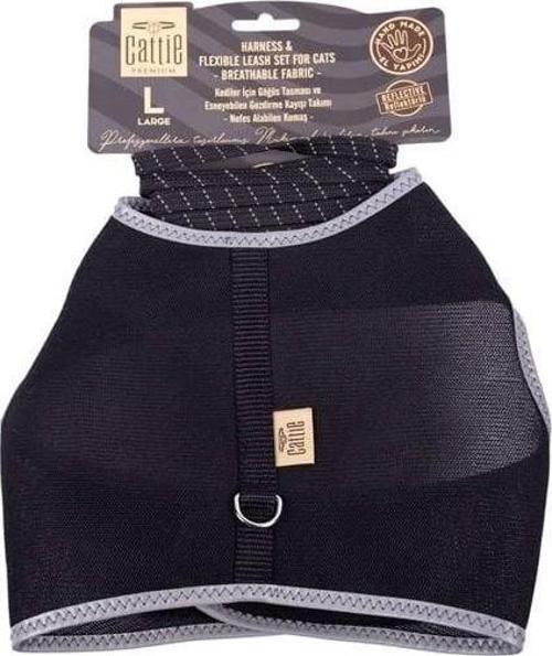 Havalı Dokuma Kedi Göğüs ve Gezdirme Takımı Large Siyah 1.5x30-40 Cm