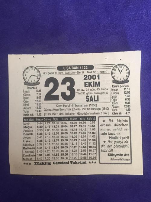 23 Ekim 2001 Takvim Yaprağı - Nostalji Koleksiyonluk Takvim Yaprağı B