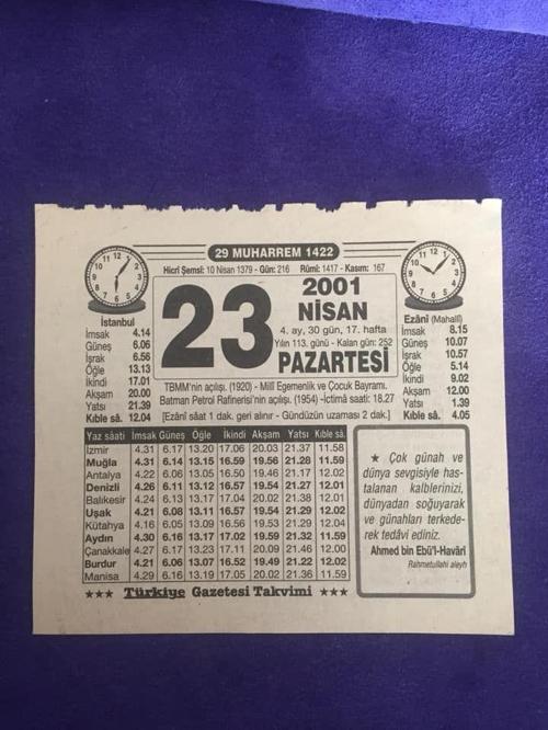 23 Nisan 2001 Takvim Yaprağı - Nostalji Koleksiyonluk Takvim Yaprağı