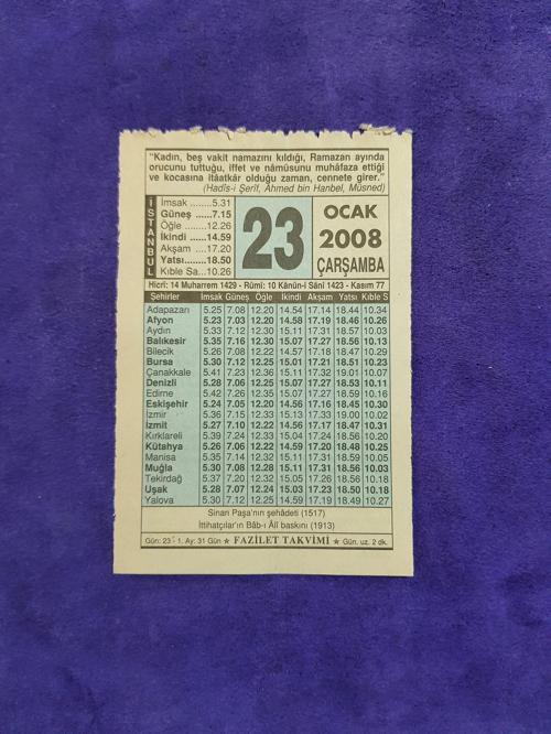 23 Ocak 2008 Takvim Yaprağı - Nostaljik Koleksiyonluk Takvim Yaprağı