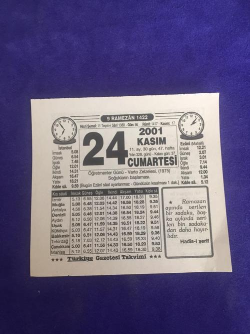 24 Kasım 2001 Takvim Yaprağı - Nostalji Koleksiyonluk Takvim Yaprağı B