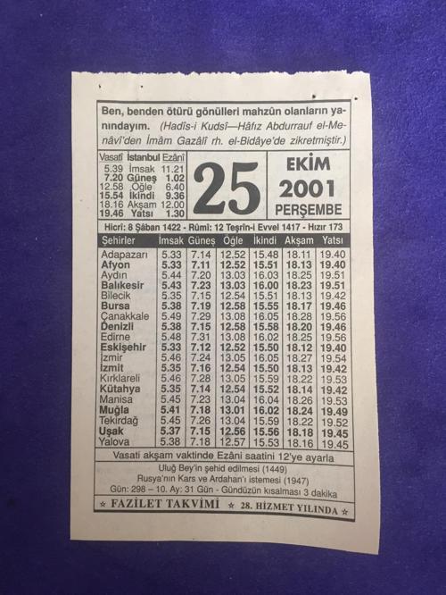 25 Ekim 2001 Takvim Yaprağı - Nostalji Koleksiyonluk Takvim Yaprağı