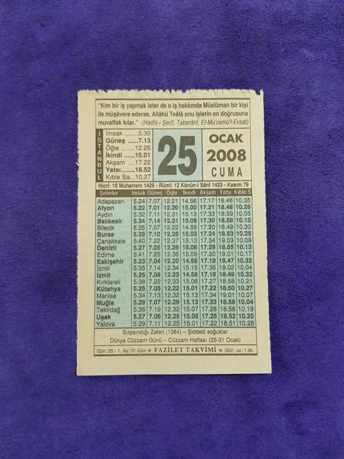 25 Ocak 2008 Takvim Yaprağı - Nostaljik Koleksiyonluk Takvim Yaprağı