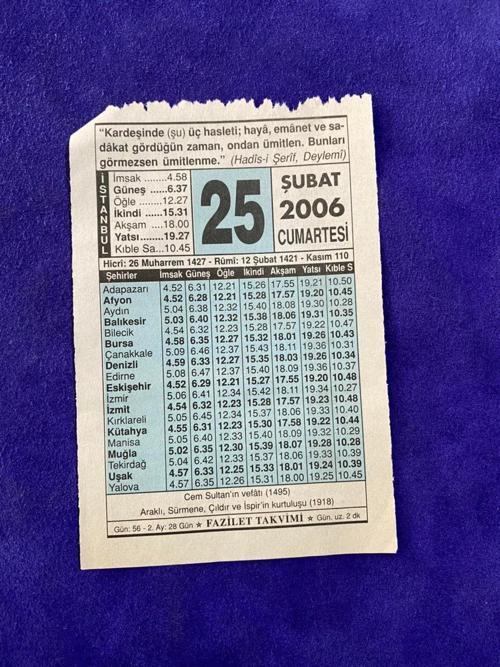 25 Şubat 2006 Takvim Yaprağı - Nostalji Koleksiyonluk Takvim Yaprağı
