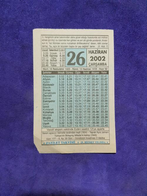 26 Haziran 2002 Takvim Yaprağı - Nostalji Koleksiyonluk Takvim Yaprağı 