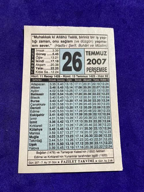 26 Temmuz 2007 Takvim Yaprağı - Nostalji Koleksiyonluk Takvim Yaprağı