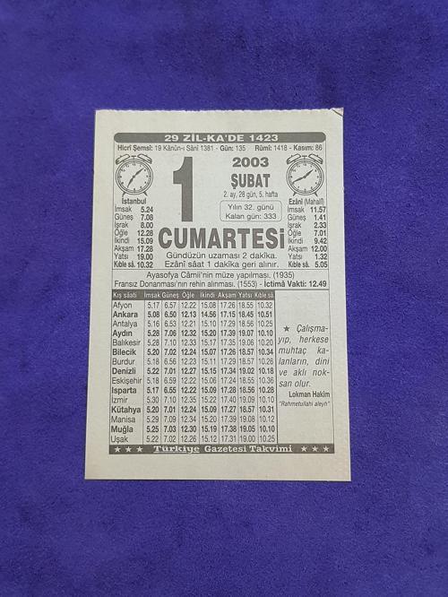 1 Şubat 2003 Takvim Yaprağı - Nostaljik Koleksiyonluk Takvim Yaprağı