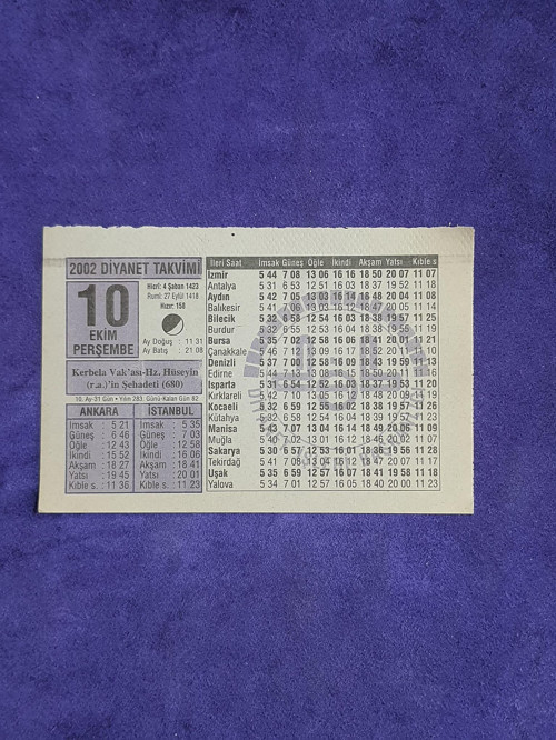 10 Ekim 2002 Takvim Yaprağı - Nostalji Koleksiyonluk Takvim Yaprağı A