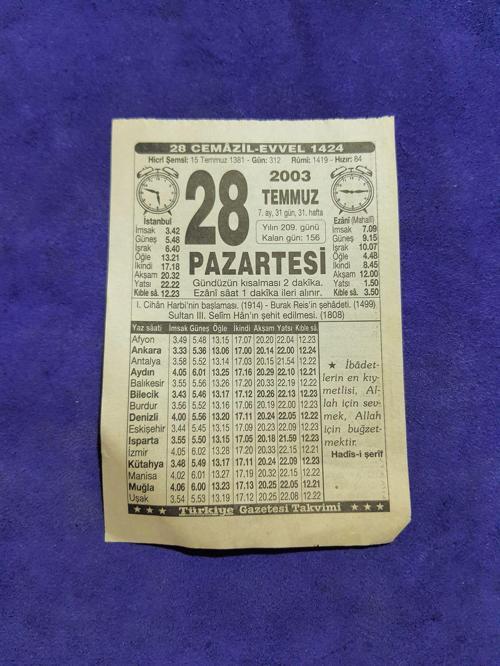 28 Temmuz 2003 Takvim Yaprağı - Nostaljik Koleksiyonluk Takvim Yaprağı