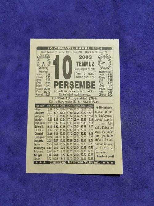 10 Temmuz 2003 Takvim Yaprağı - Nostaljik Koleksiyonluk Takvim Yaprağı