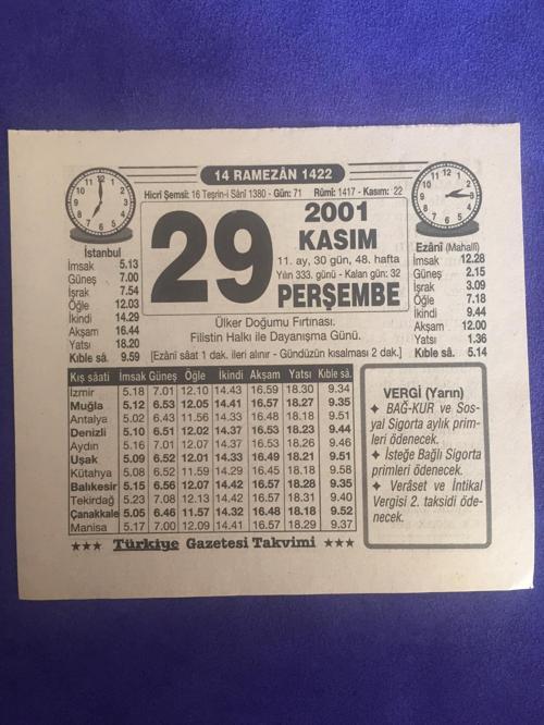 29 Kasım 2001 Takvim Yaprağı - Nostalji Koleksiyonluk Takvim Yaprağı B