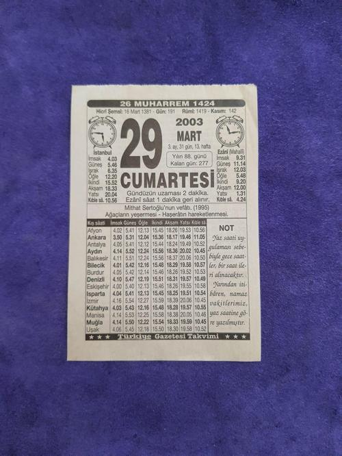 29 Mart 2003 Takvim Yaprağı - Nostaljik Koleksiyonluk Takvim Yaprağı