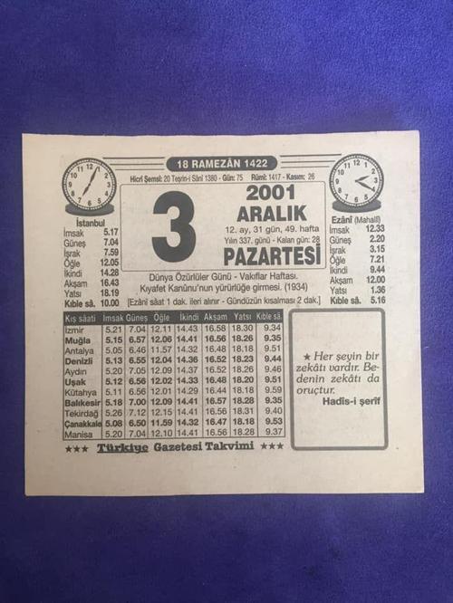 3 Aralık 2001 Takvim Yaprağı - Nostalji Koleksiyonluk Takvim Yaprağı B