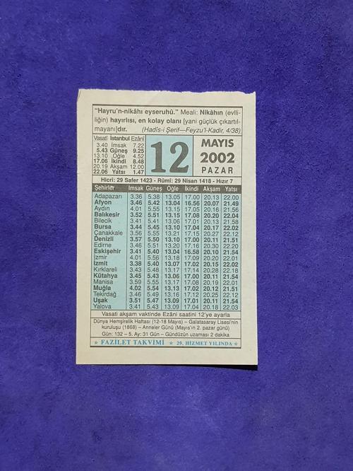 12 Mayıs 2002 Takvim Yaprağı - Nostalji Koleksiyonluk Takvim Yaprağı A